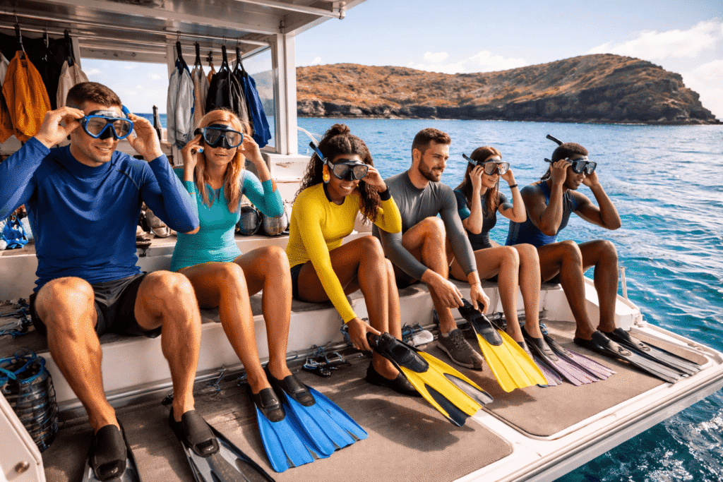 Groupe de snorkeleurs enfilant masques et palmes sur le pont arrière d'un bateau d'excursion avec le cratère de Molokini en arrière-plan