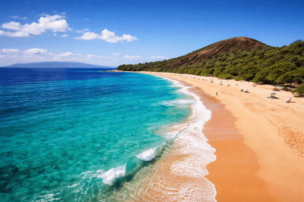 Large plage de sable doré de Big Beach à Makena sur la côte sud de Maui avec des vagues turquoise et un ciel bleu
