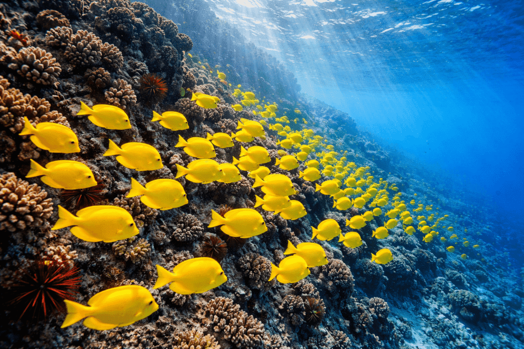 Dense banc de poissons-chirurgiens jaunes nageant le long du récif corallien dans les eaux transparentes du cratère de Molokini