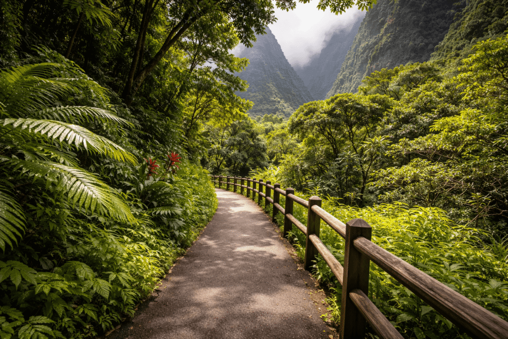 Sentier pavé entouré de végétation tropicale menant au point de vue de Iao Needle à Maui