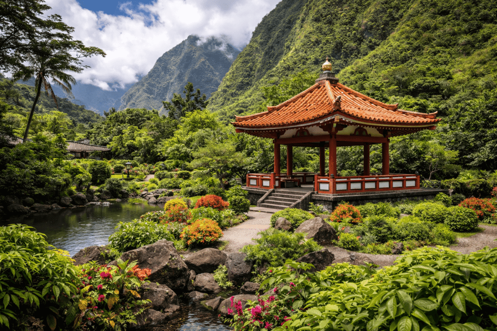 Pavillon japonais des Kepaniwai Heritage Gardens entouré de jardins tropicaux près de Iao Valley à Maui