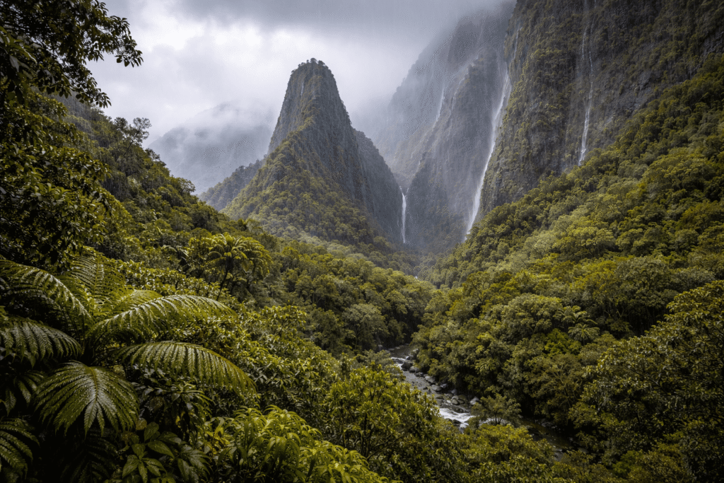 Falaises vertigineuses couvertes de mousse et végétation tropicale avec brume descendant dans Iao Valley à Maui