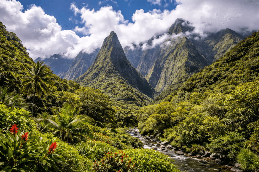 Montagnes de l'ouest de Maui (West Maui Mountains) avec sommets nuageux vues depuis l'entrée de Iao Valley