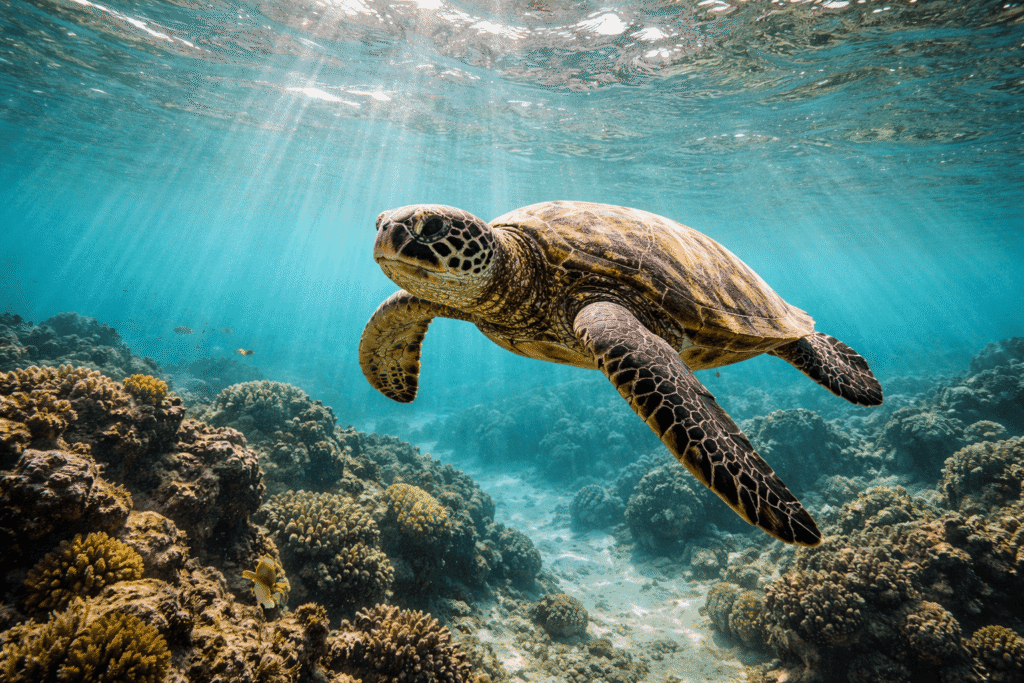 Tortue verte hawaïenne (honu) nageant près des rochers dans les eaux claires de Napili Bay à Maui