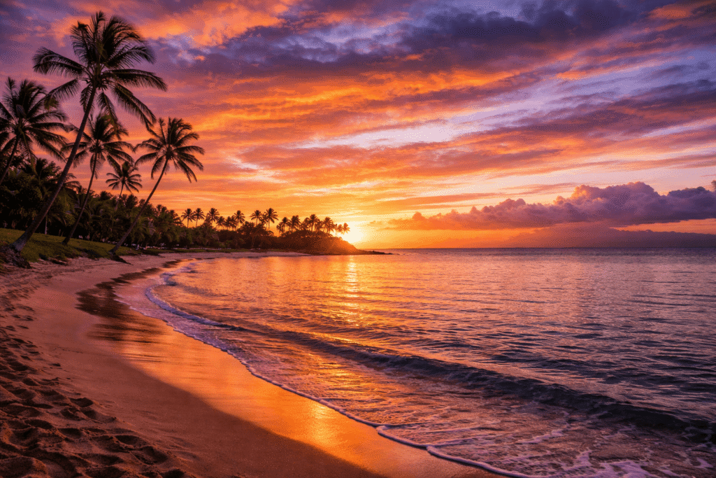 Coucher de soleil spectaculaire aux teintes orange et roses sur l'océan vu depuis la plage de Napili Bay à Maui