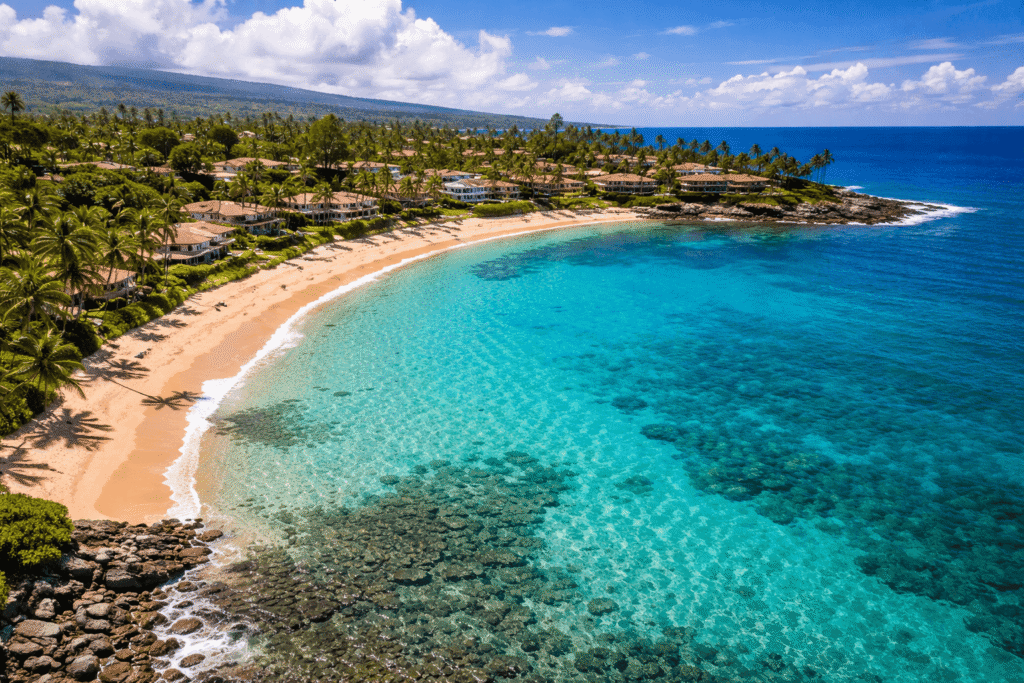 Vue aérienne de Napili Bay montrant la forme en croissant de la plage, les eaux turquoise et les résidences bordant la baie