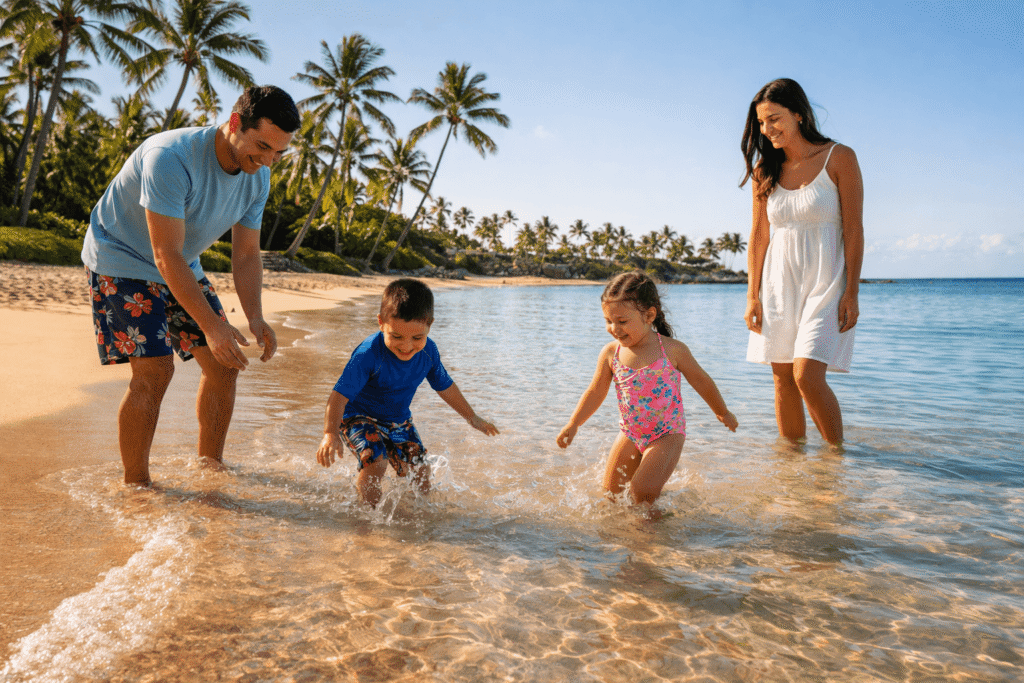 Famille avec enfants jouant au bord de l'eau sur la plage calme et peu profonde de Napili Bay à Maui
