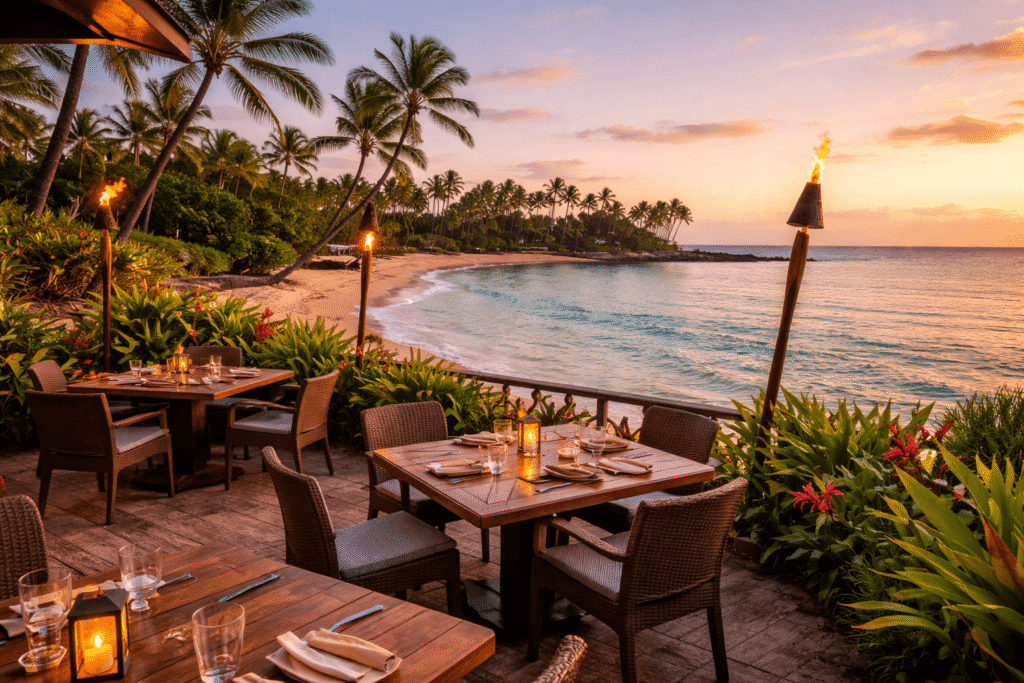 Terrasse d'un restaurant en bord de mer avec vue sur l'océan et la plage de Napili Bay au coucher du soleil