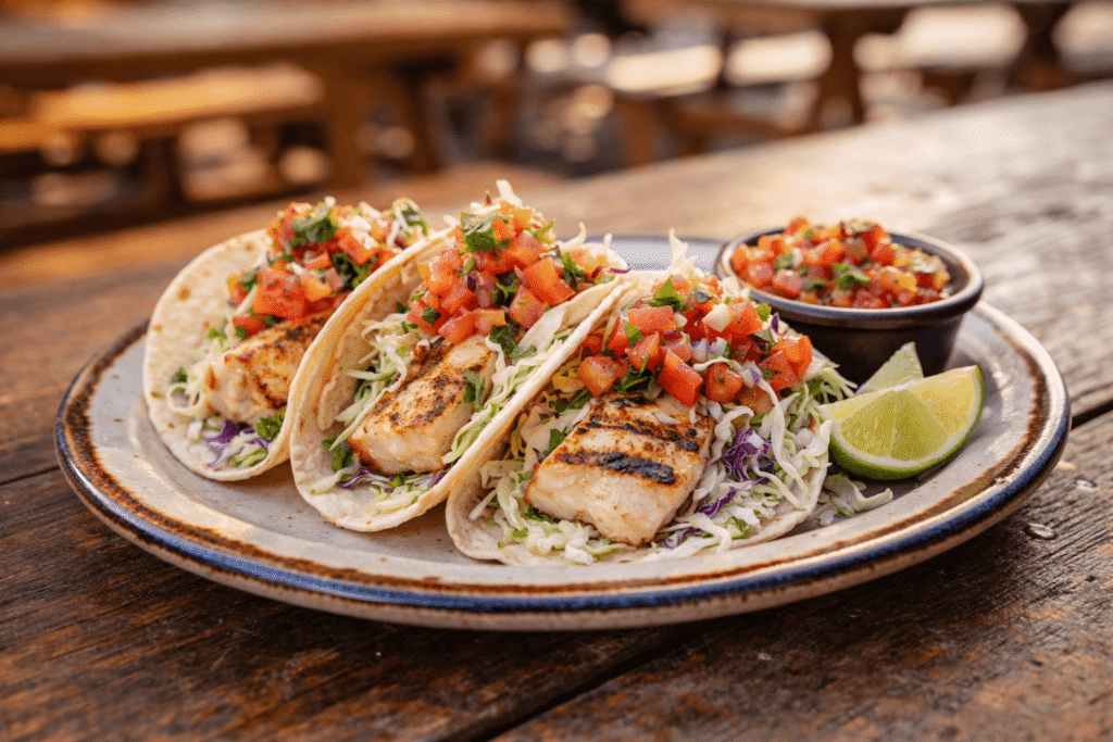 Assiette de fish tacos au mahi-mahi grillé servie sur une table en bois au Paia Fish Market à Maui