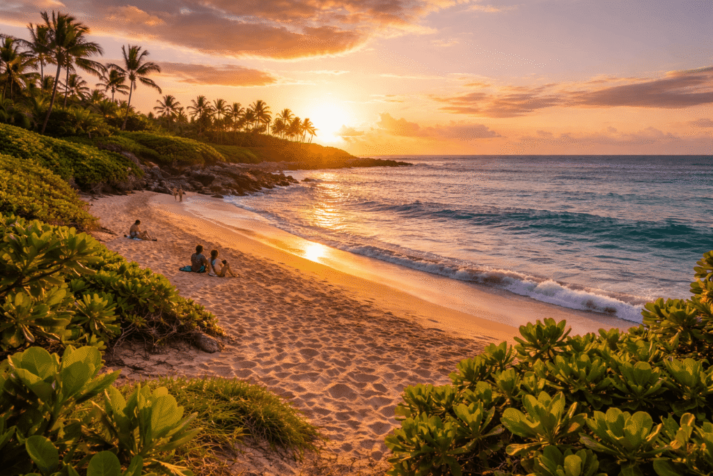 Petite plage de sable de Paia Bay à Maui avec des vagues douces et un coucher de soleil doré sur la côte nord