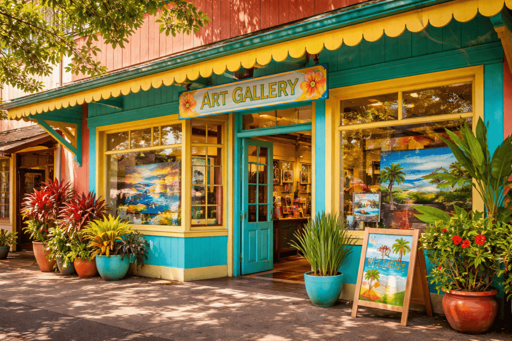 Façade peinte en couleurs vives d'une galerie d'art sur Baldwin Avenue à Paia avec des œuvres exposées en vitrine