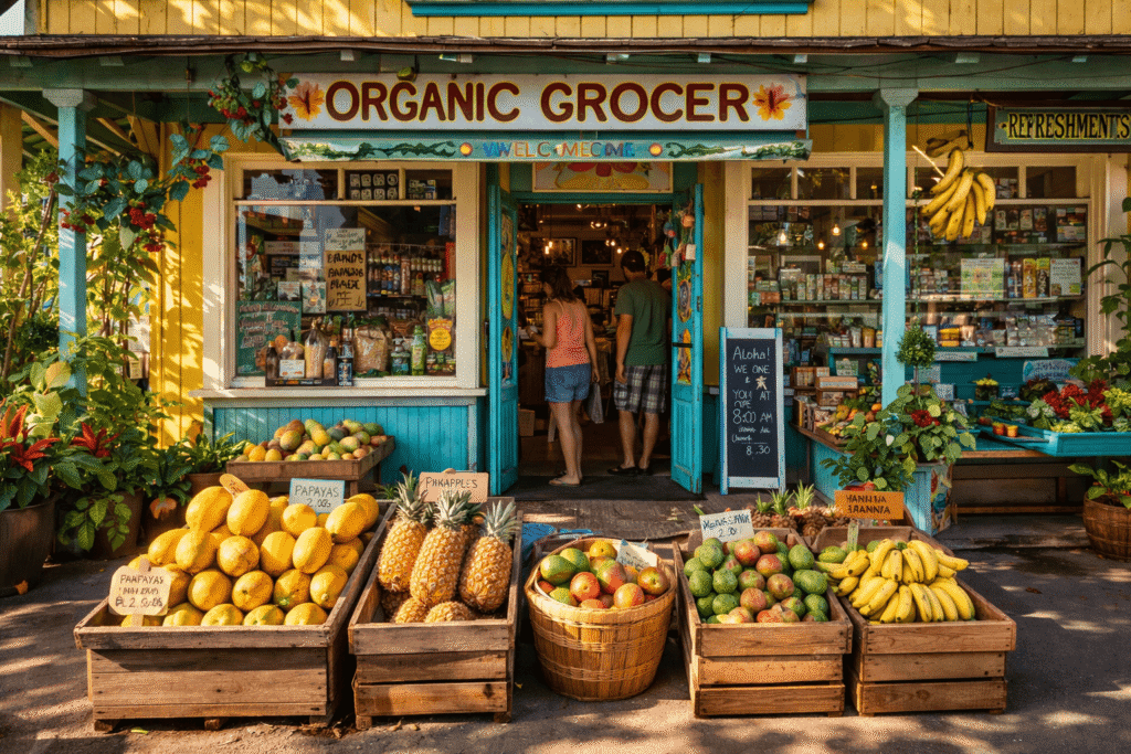 Étalage de fruits tropicaux frais devant l'épicerie Mana Foods dans le village de Paia à Maui