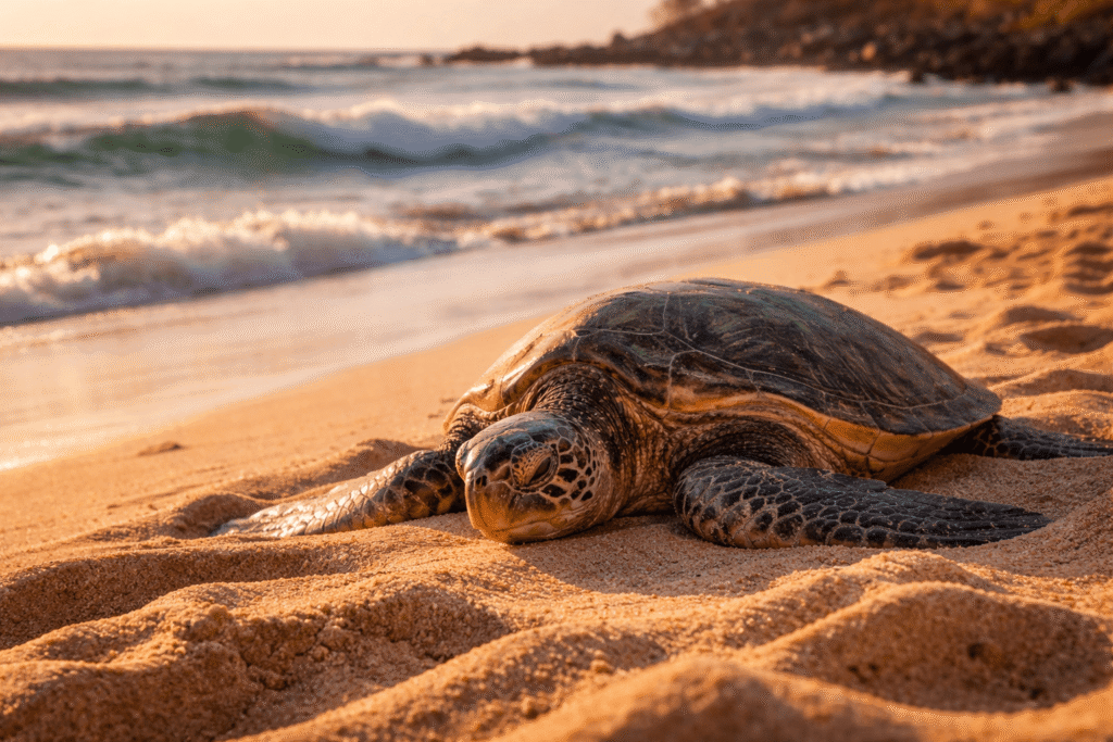 Tortue de mer verte se reposant sur le sable de Ho'okipa Beach à Maui en fin d'après-midi