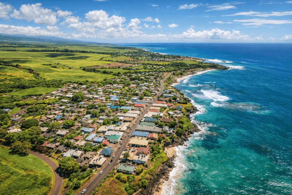 Vue aérienne du village de Paia à Maui avec la côte nord, l'océan turquoise et les champs de canne à sucre environnants