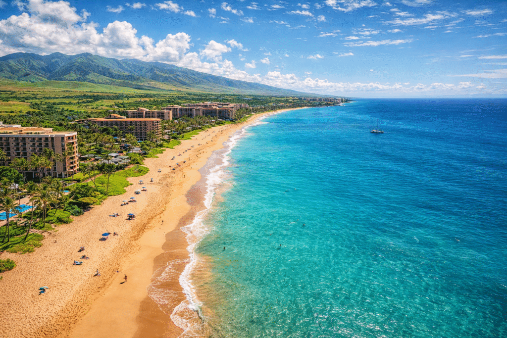 Vue aérienne de Kaanapali Beach à Maui avec ses 3 km de sable doré, eau turquoise et resorts bordés de palmiers le long de la côte ouest