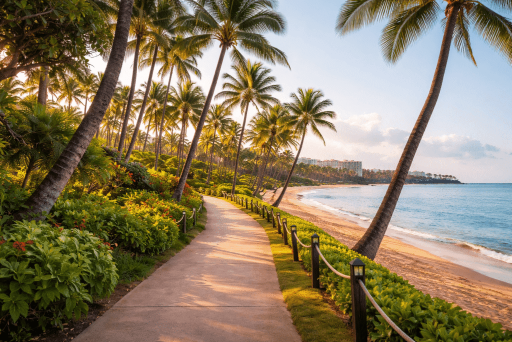 Le Kaanapali Beach Walk tôt le matin bordé de palmiers avec vue sur la plage et l'océan, Maui
