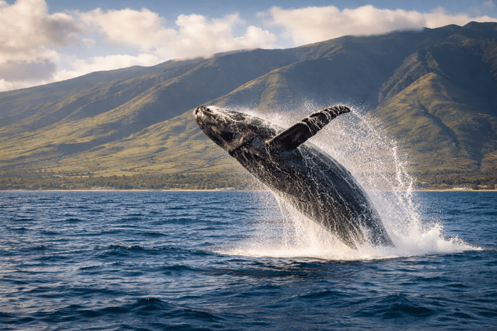 Baleine à bosse en plein saut hors de l'eau au large de la côte ouest de Maui près de Kaanapali
