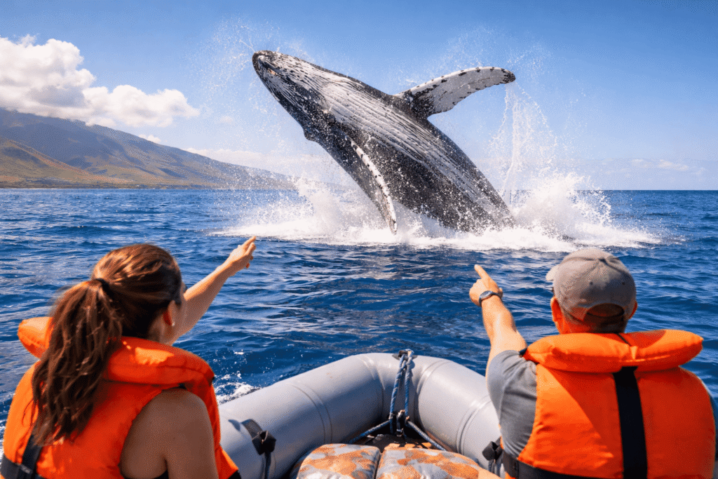 Baleine à bosse sautant hors de l'eau photographiée depuis un petit bateau pneumatique au large de Maui