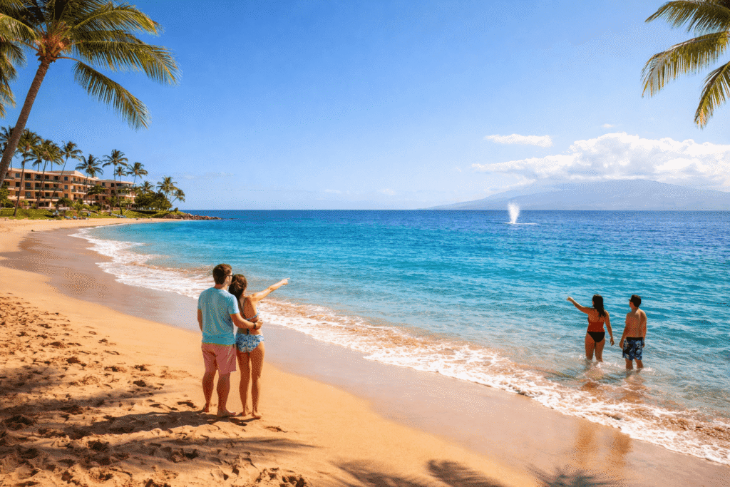 Plage de Kaʻanapali à Maui avec un souffle de baleine visible au large entre les palmiers