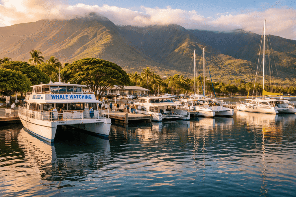 Bateaux d'excursion amarrés au port de Māʻalaea à Maui au lever du soleil avant une sortie observation des baleines