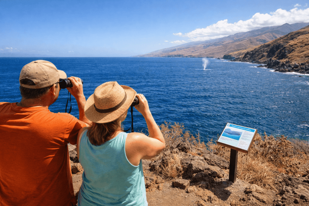 Couple observant les baleines avec des jumelles depuis les falaises de Papawai Point sur la côte ouest de Maui