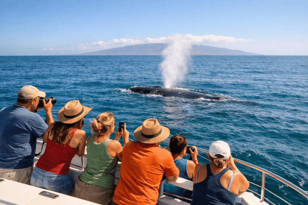 Passagers à bord d'un catamaran observant une baleine à bosse qui souffle à la surface au large de Maui