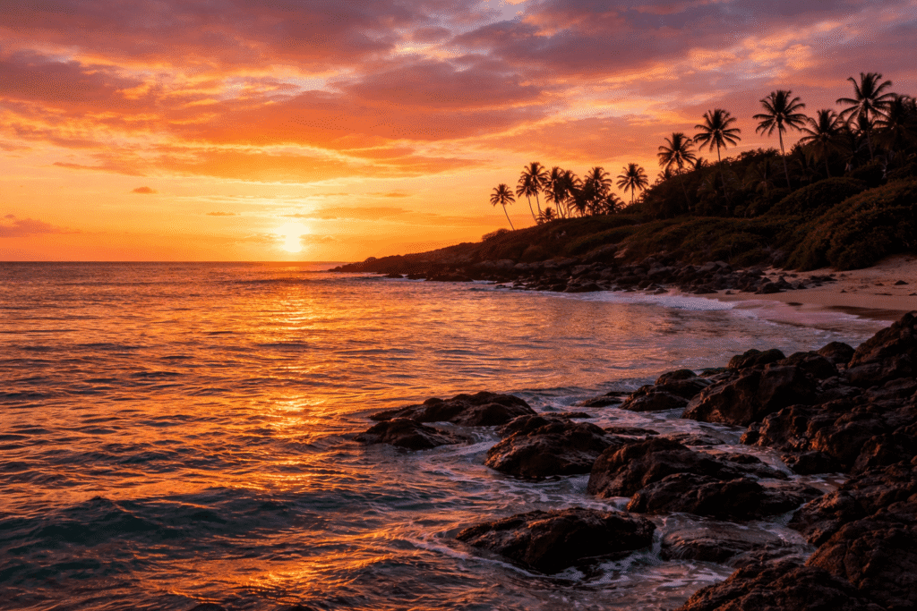 Coucher de soleil aux teintes orangées sur l'océan vu depuis Hookipa Beach Park à Maui