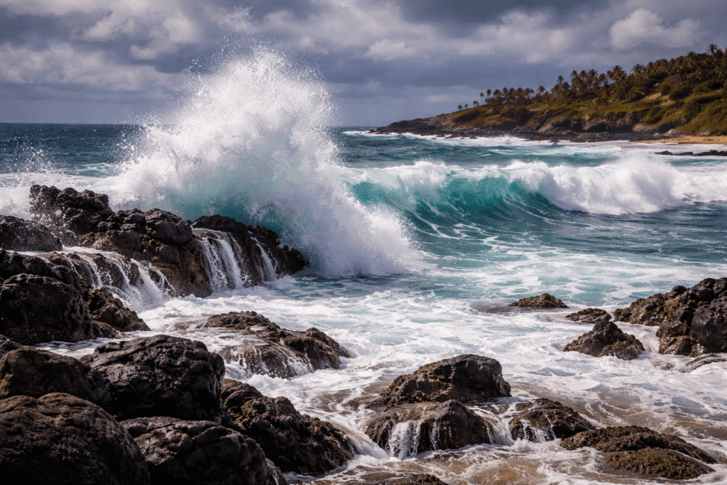 Grosses vagues du Pacifique se brisant sur les rochers volcaniques de Hookipa Beach à Maui