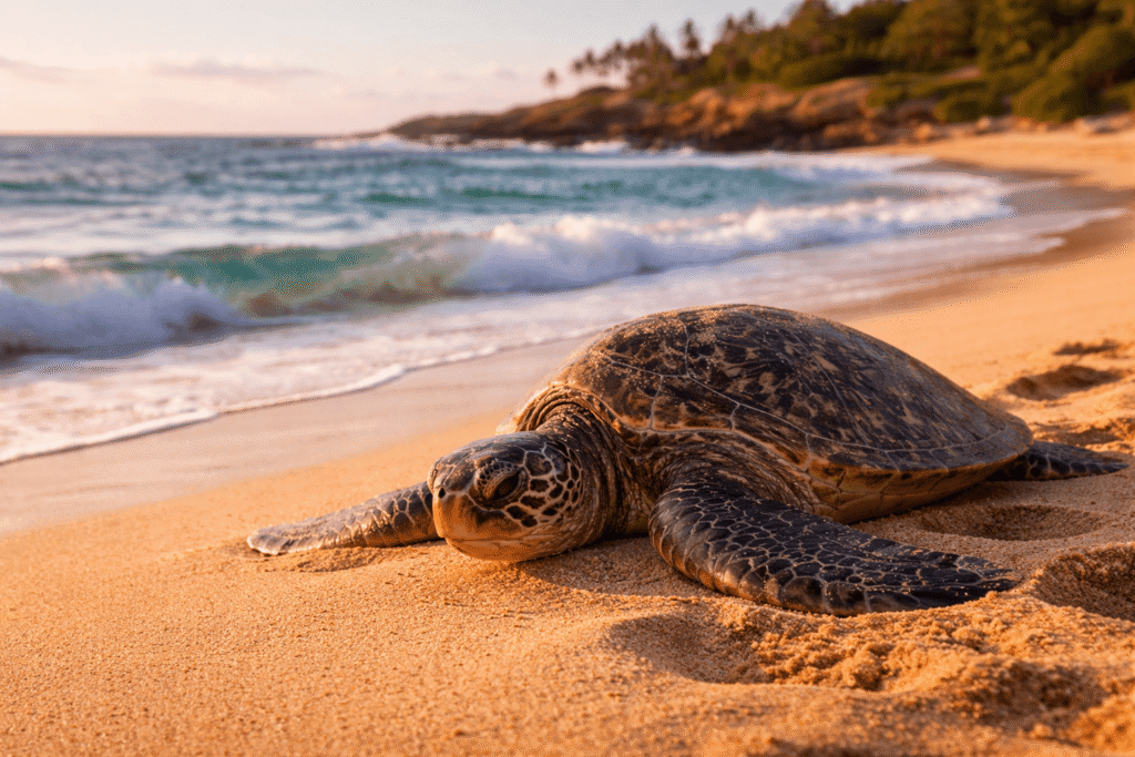 Tortue verte hawaiienne (honu) posée sur le sable doré de Hookipa Beach en fin d'après-midi