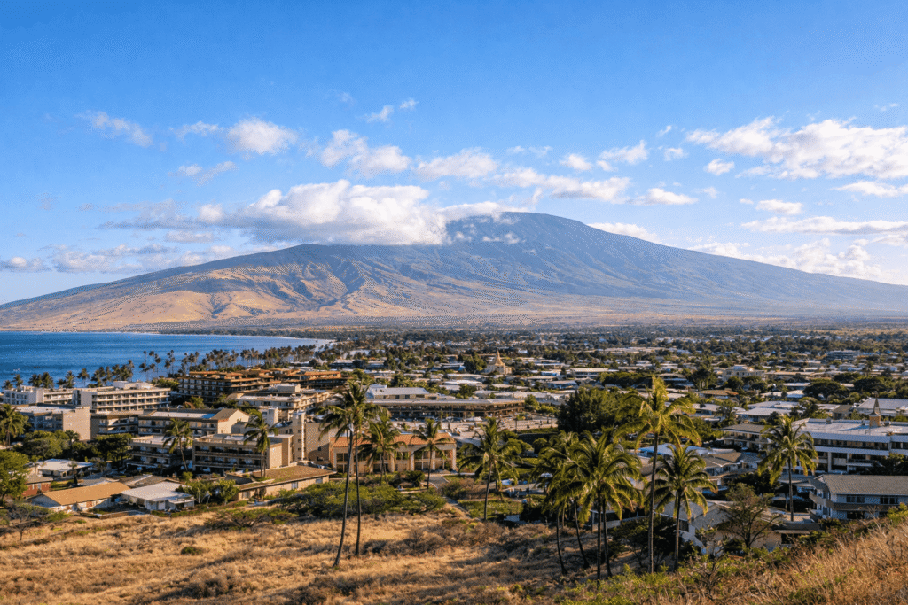 Vue panoramique de la ville de Kihei à Maui avec le volcan Haleakalā s'élevant en arrière-plan sous un ciel bleu