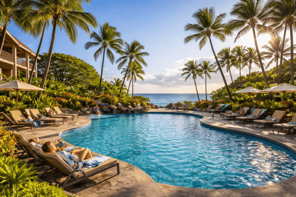 Piscine entourée de palmiers dans un complexe de condos à Kihei avec vue sur l'océan en arrière-plan'