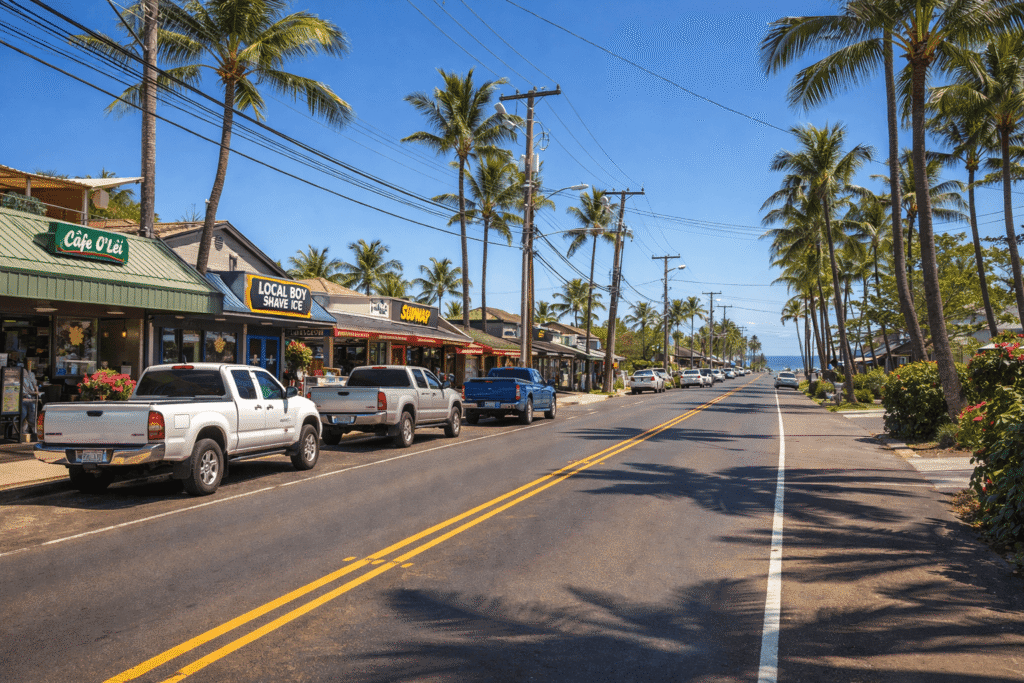 Ambiance décontractée de South Kihei Road avec ses petits restaurants et boutiques bordés de palmiers