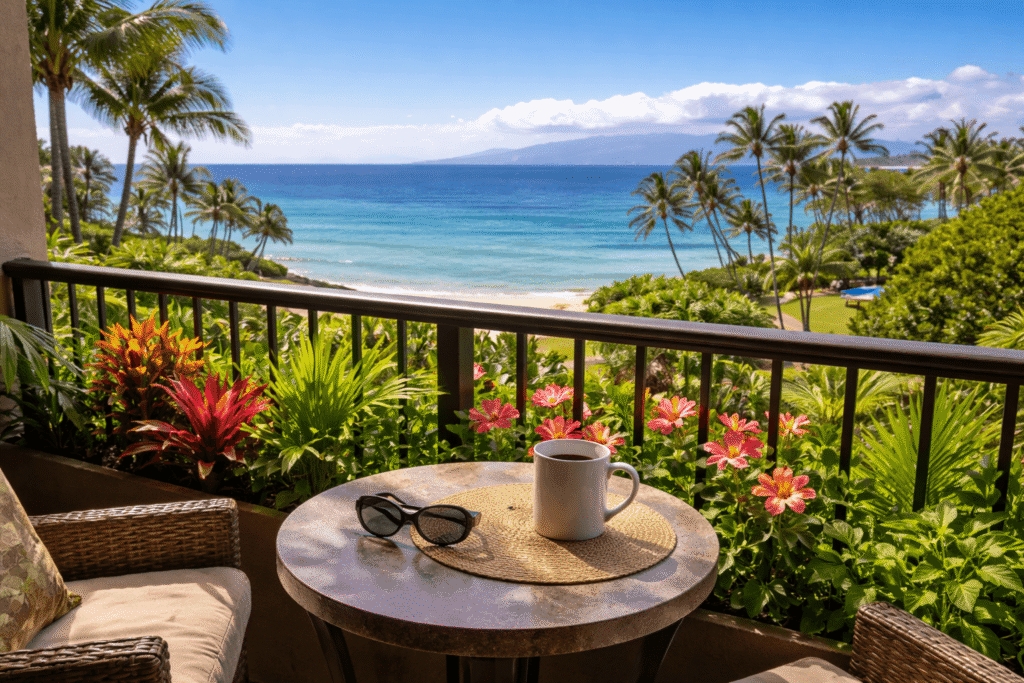 Balcon d'un condo de vacances à Kihei avec vue sur l'océan Pacifique et café du matin sur la table