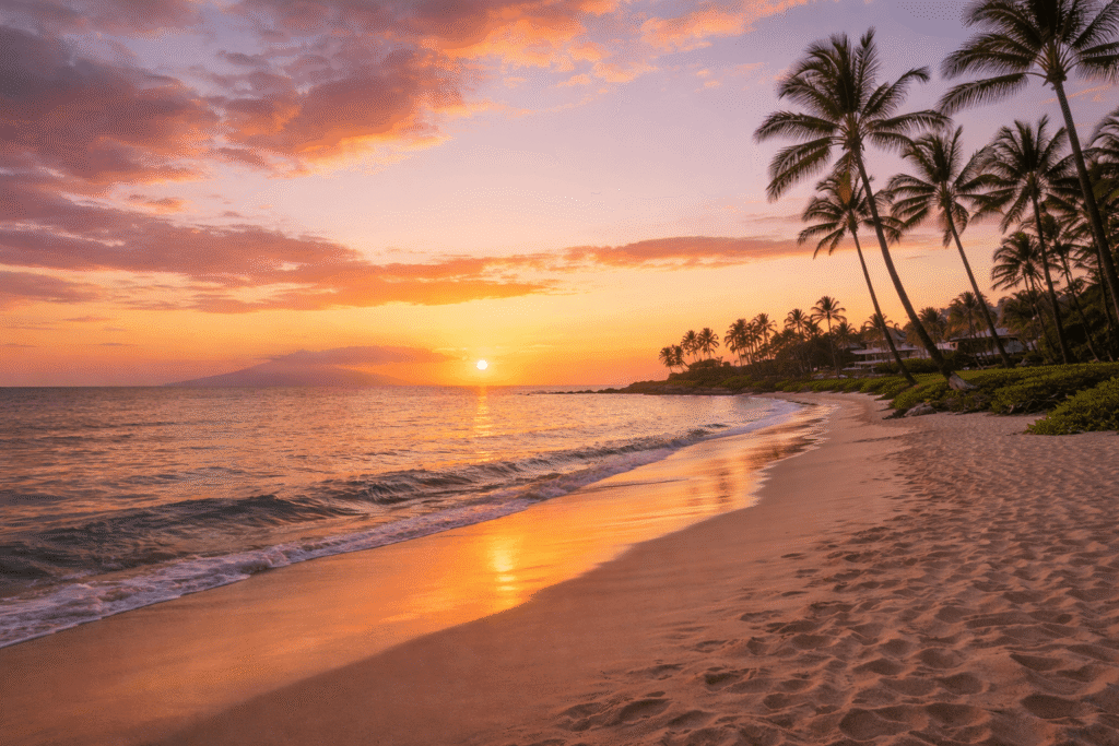 Coucher de soleil aux teintes roses et dorées sur Keawakapu Beach dans le sud de Kihei à Maui