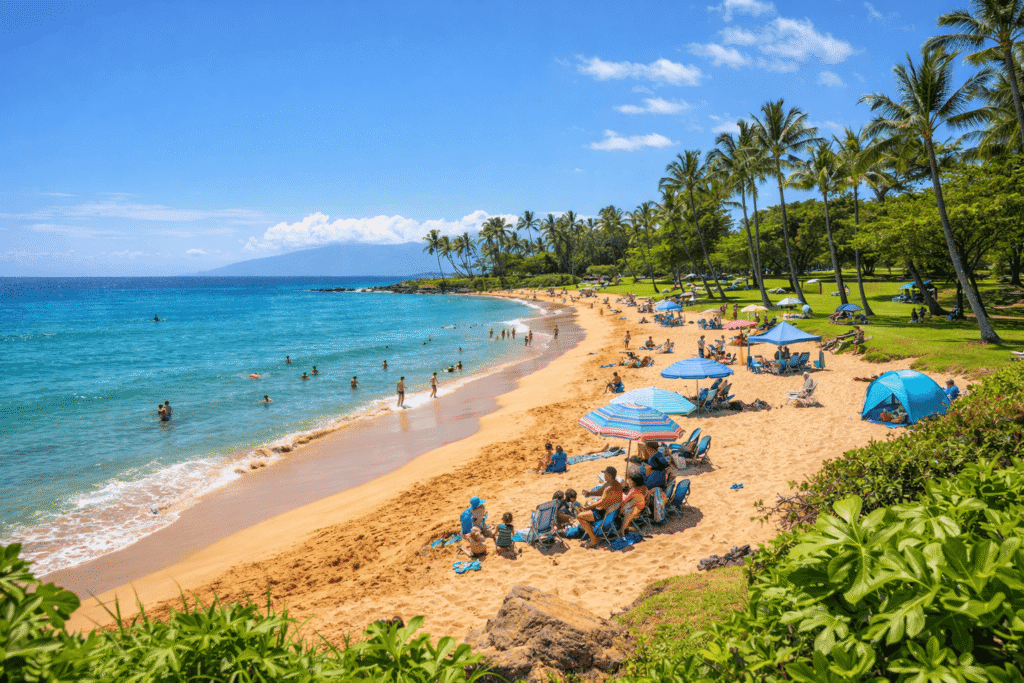 Familles profitant de Kamaole Beach Park III à Kihei avec son sable doré, ses vagues douces et son parc verdoyant