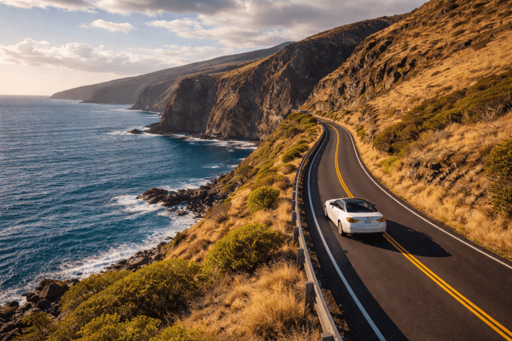 Cabriolet blanc roulant sur la Honoapiilani Highway avec les falaises océaniques et l'eau bleu profond sur la côte ouest de Maui