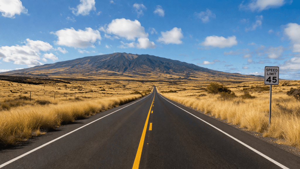 Route à deux voies traversant les prairies dorées du sud de Maui avec un panneau de vitesse 45 mph et un volcan en arrière-plan
