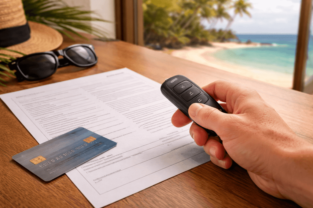 Main tenant une clé de voiture de location à côté de documents et d'une carte de crédit avec vue sur une plage hawaiienne en arrière-plan