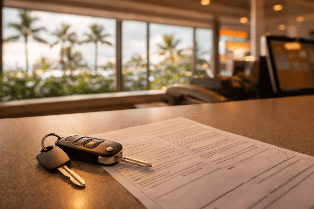 Comptoir de location de voiture avec clés et contrat de location dans un terminal d'aéroport tropical à Maui