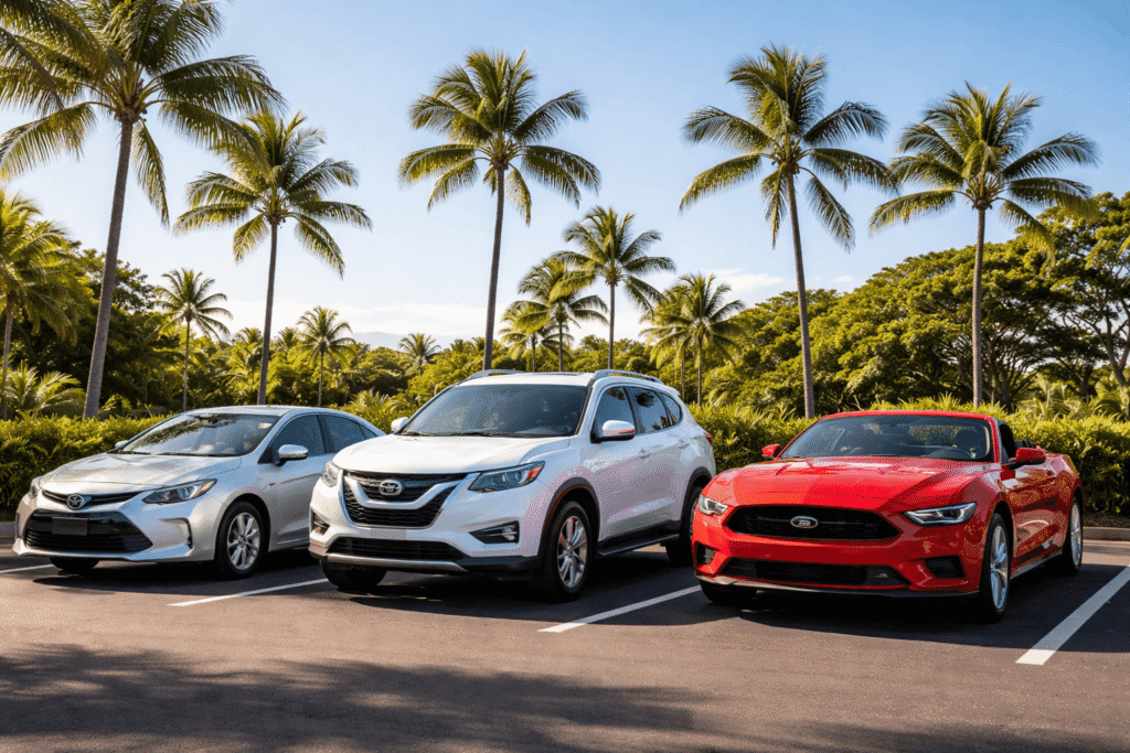 Berline compacte, SUV et cabriolet Mustang garés côte à côte sur un parking à Hawaii avec des palmiers