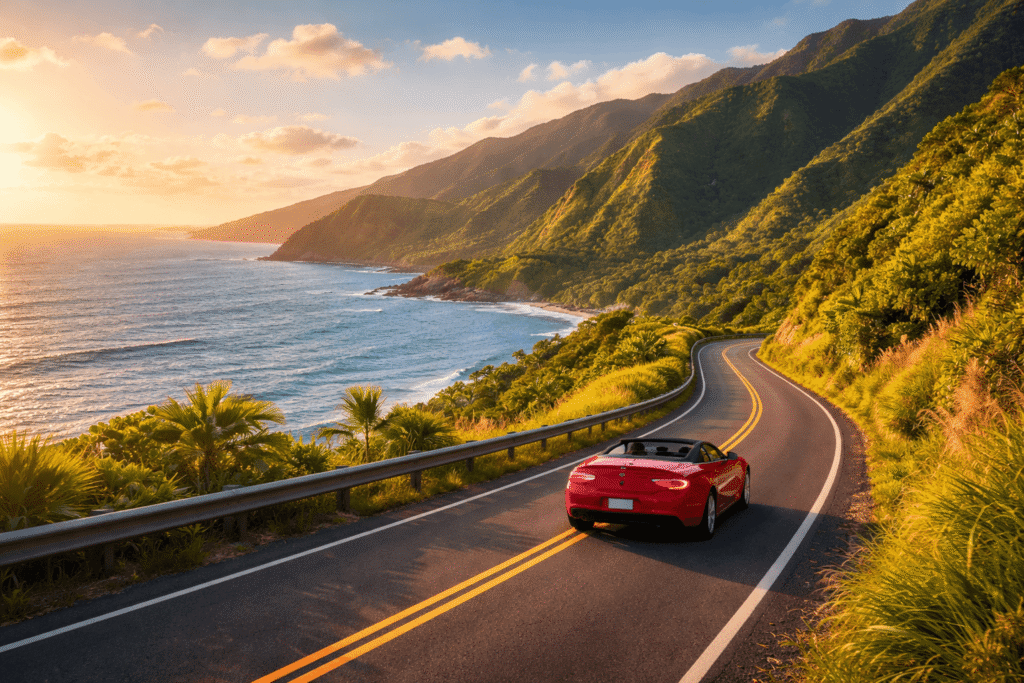 Voiture décapotable rouge roulant sur la route côtière de l'ouest de Maui avec l'océan Pacifique et les montagnes verdoyantes