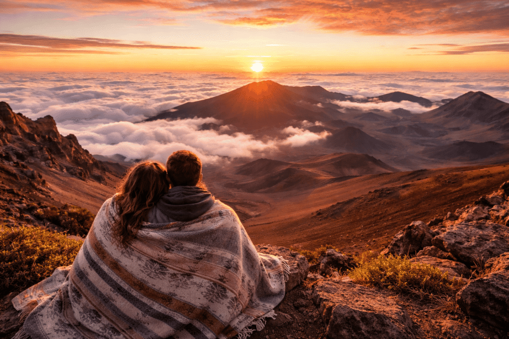 Lever de soleil au-dessus de la mer de nuages vu depuis le sommet du volcan Haleakala à Maui