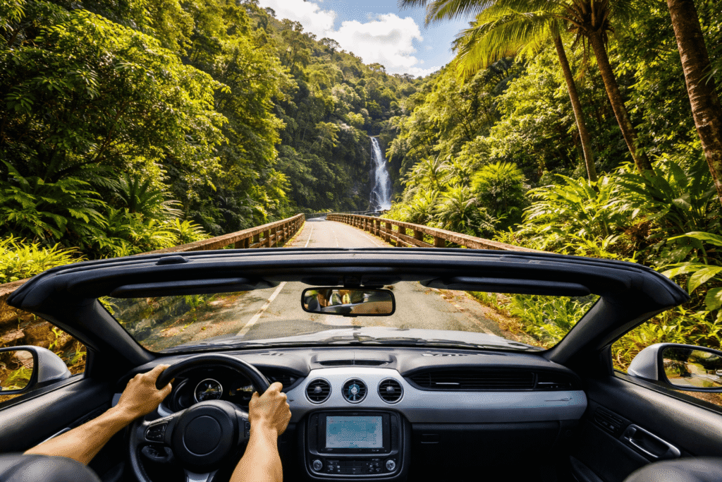 Route sinueuse de la Road to Hana à Maui traversant une végétation tropicale luxuriante avec cascade en arrière-plan
