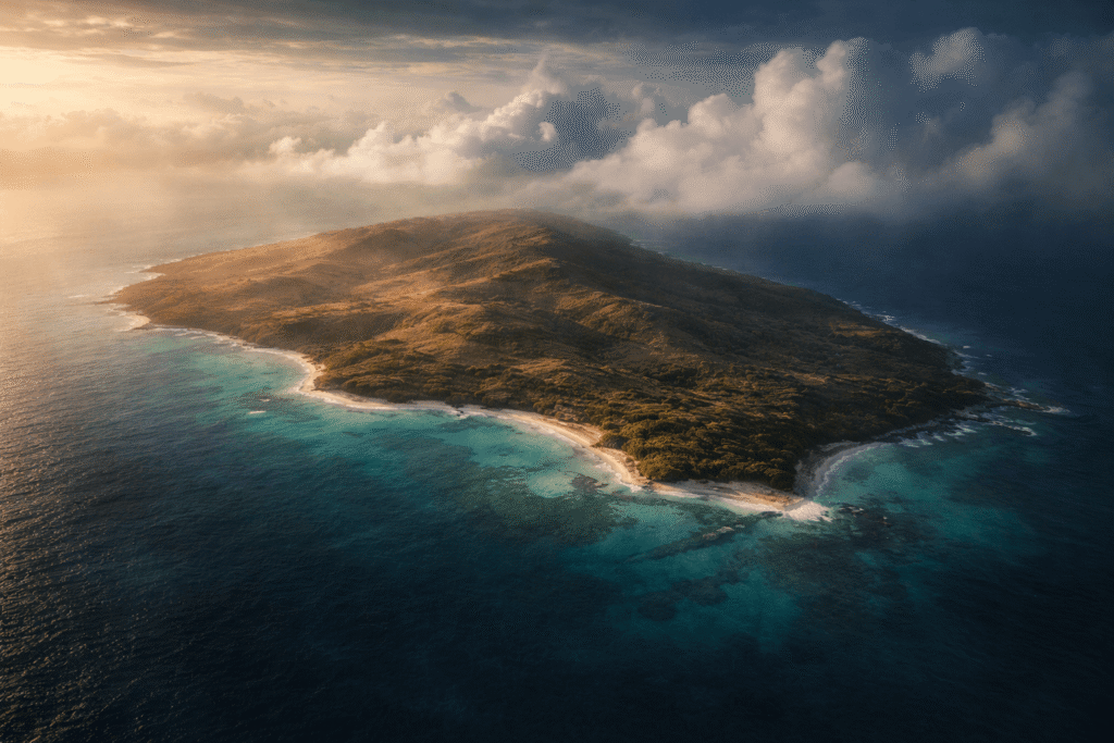 Photo aérienne d’une île isolée de l’archipel d’Hawaï, montrant un paysage sauvage entouré par l’océan Pacifique, entre falaises, plages et reliefs volcaniques dans une atmosphère lointaine et mystérieuse.