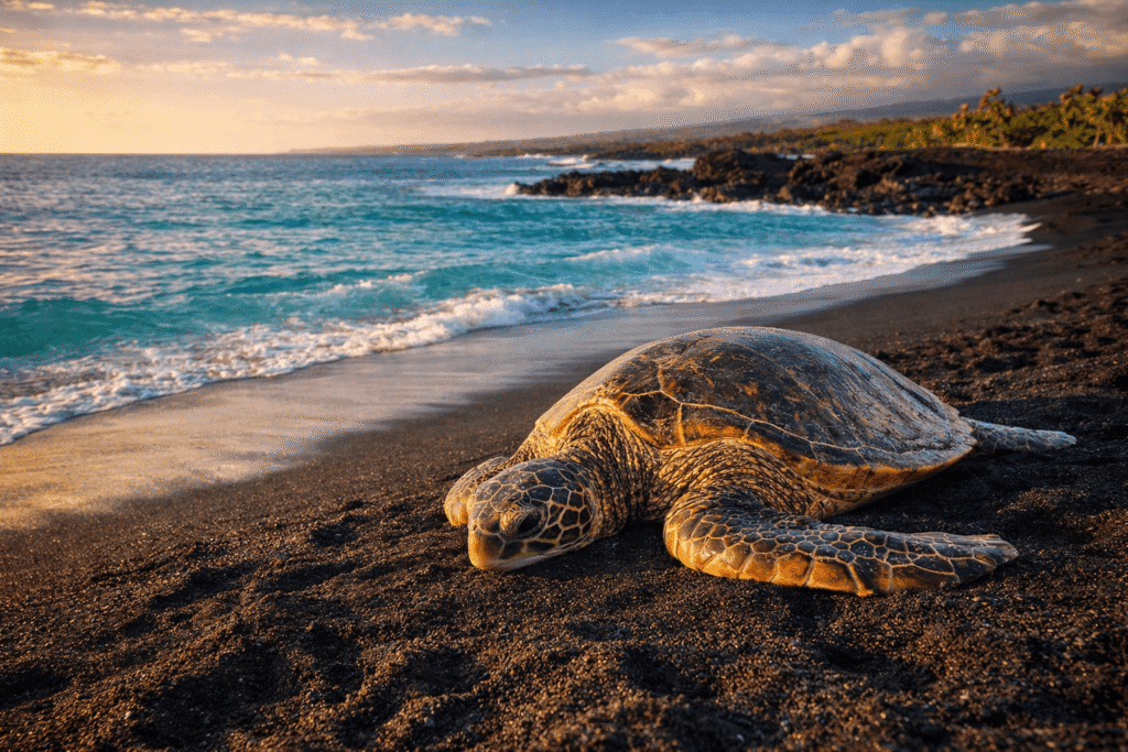 Tortue verte hawaïenne honu se reposant sur une plage volcanique de sable noir avec l’océan turquoise en arrière-plan.