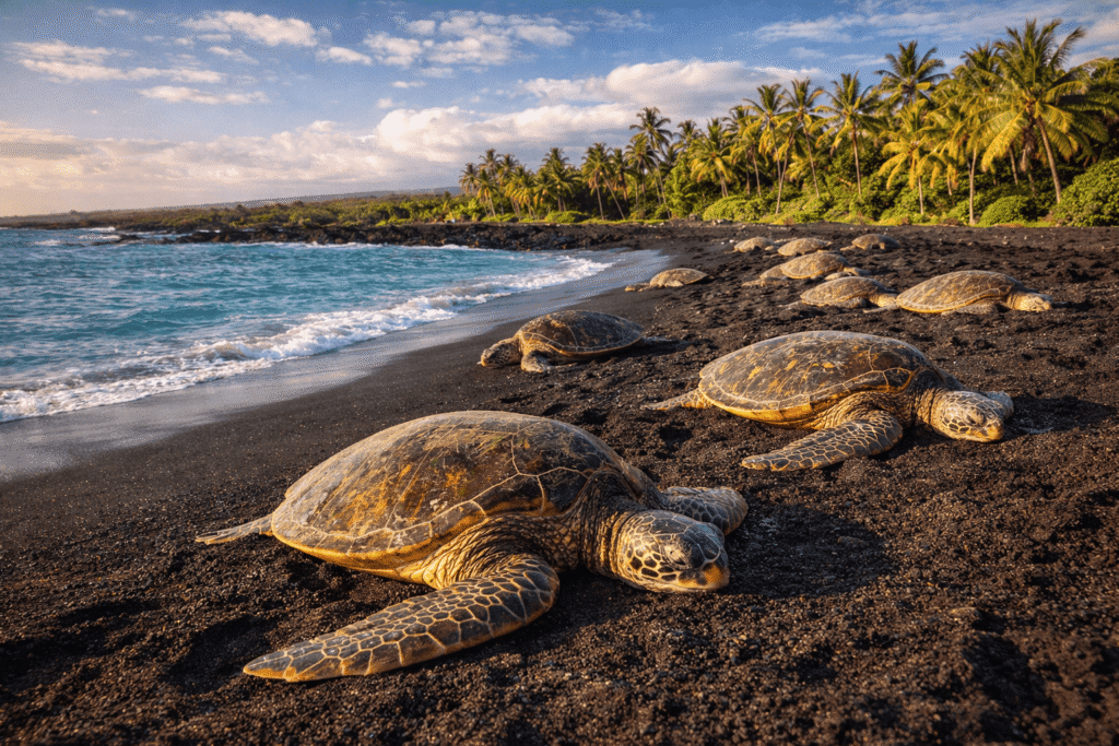 Plusieurs tortues vertes hawaïennes se reposant sur la plage de sable noir de Punaluʻu entourée de palmiers tropicaux et d’un ciel bleu.