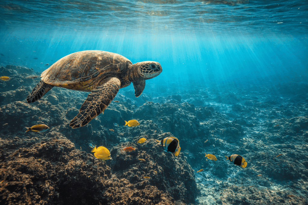 Tortue verte nageant au-dessus de roches de lave sous l’eau claire d’Hawaï entourée de poissons tropicaux colorés et de rayons de lumière.