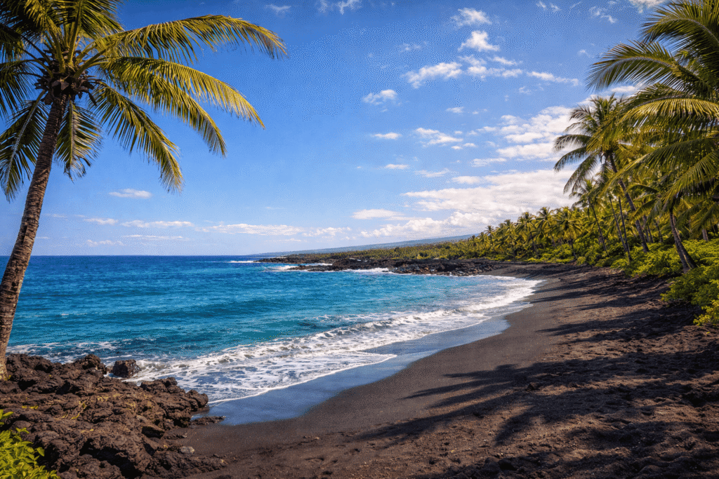 Vue panoramique d’une plage de sable noir à Hawaï bordée de palmiers avec vagues douces et ciel bleu lumineux.