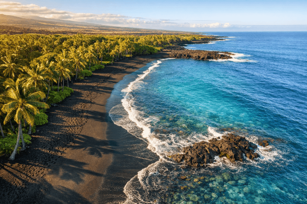 Vue aérienne photoréaliste de Punaluʻu Black Sand Beach à Hawaï montrant le contraste entre le sable volcanique noir, les palmiers tropicaux verts et l’océan Pacifique turquoise, éclairés par la lumière dorée du matin.