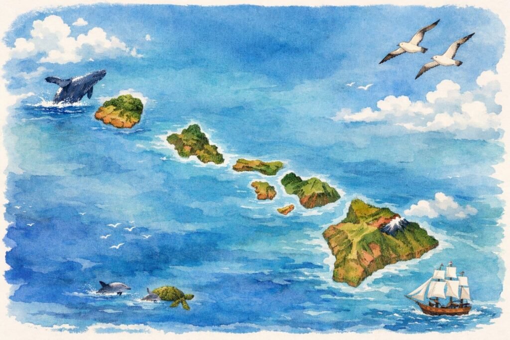 Carte stylisée de l'archipel d'Hawaï montrant les 6 îles principales